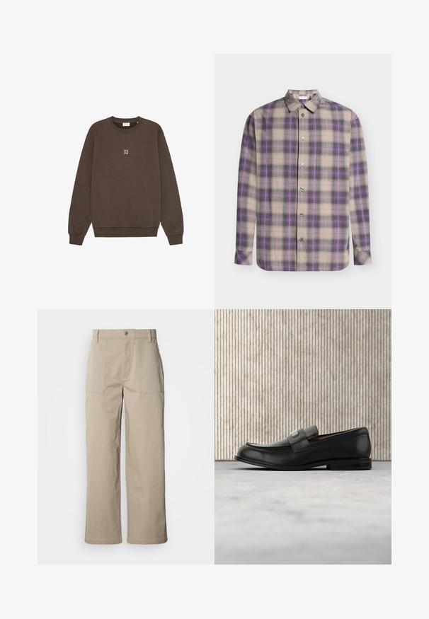 Sweatshirt marron en coton, avec un col rond, des poignets côtelés et un petit logo "II" centré sur la poitrine. Texture douce.; Chemise à manches longues boutonnée avec un motif à carreaux beige, violet et noir et un col classique, présentée à plat sur un fond clair.; Pantalon beige à jambes larges en coton ; doté de poches plaquées à l'avant, d'une fermeture à bouton et de coutures visibles le long des ourlets.; Mocassin en cuir noir avec une plaque de marque en métal reposant près d'une table ronde marron sur un sol recouvert de moquette beige.