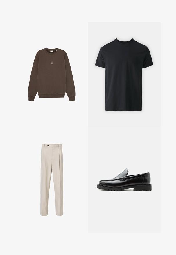 Bruine sweatshirt van katoen, voorzien van een ronde hals, ribgebreide manchetten en een klein "II" logo gecentreerd op de borst. Zachte textuur.; Zwart katoenen T-shirt met korte mouwen, ronde hals en een relaxte pasvorm. Glad textuur en rechte zoom, geen zichtbare graphics of patronen.; Beige op maat gemaakte broek met een recht model, voorzien van voorplooien, een knoopsluiting en een gladde stofstructuur.; Zwarte leren loafer met dikke rubberen zool, gestikte bovenkant en gegraveerde merknaam op de hiel, zijaanzicht op witte achtergrond.