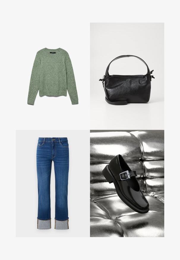 Pull en tricot vert clair texturé avec un col rond, des manches longues et un ourlet côtelé. Présente une coupe décontractée et un motif subtil sur l'ensemble.; Jean en denim bleu avec une jambe droite, présentant des ourlets retroussés en gris clair. Taille mi-haute et design traditionnel à cinq poches.; Chaussure Mary Jane en cuir noir avec un bout carré, un accent de boucle en argent et un talon bas épais, sur un fond argenté brillant.; Sac à main en cuir noir au design structuré, avec une poignée arrondie et une bandoulière amovible. Présente une texture lisse et un éclat subtil.