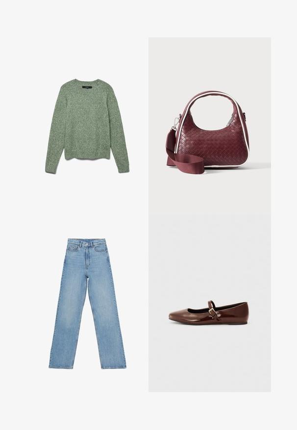 Pull en tricot vert clair texturé avec un col rond, des manches longues et un ourlet côtelé. Présente une coupe décontractée et un motif subtil sur l'ensemble.; Jean en denim bleu clair avec une taille haute, coupe droite, comprenant cinq poches et une fermeture à boutons. Aucun motif visible.; Ballerine en cuir verni marron avec un bout carré et une lanière ornée d'une petite boucle dorée. Texture lisse, talon bas et design minimaliste.; Sac à main en cuir tressé marron foncé avec poignée courbée, garniture blanche, fermeture éclair argentée et bandoulière large en tissu amovible sur fond uni.