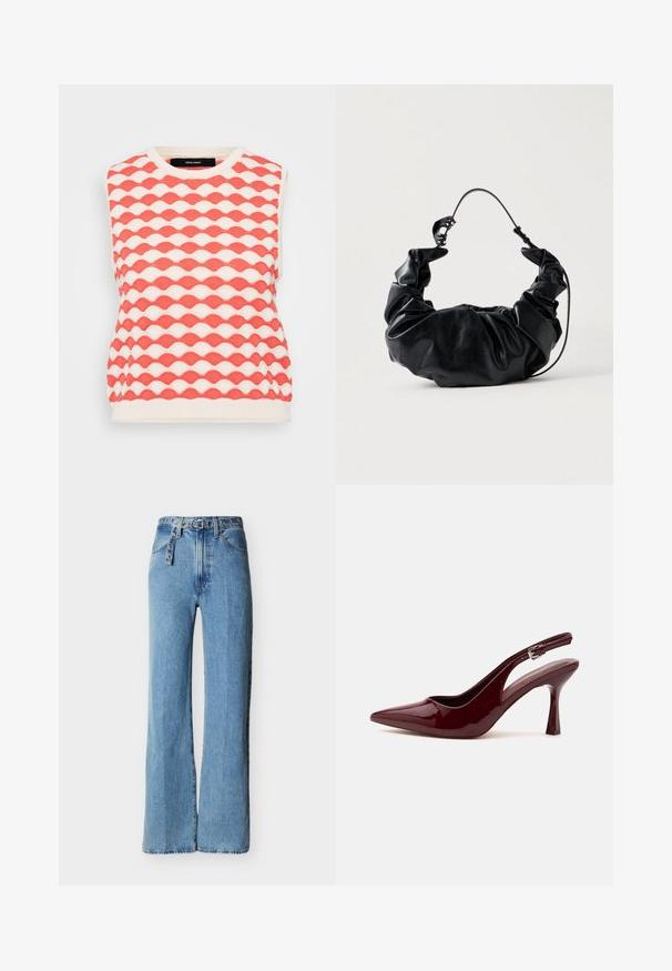 Gilet sans manches en tricot avec un motif en vagues en corail et crème. Le tissu a une finition texturée avec un col rond.; Jean denim bleu clair taille haute avec jambes larges, cinq poches, et une ceinture en denim assortie avec œillets en métal et boucle.; Chaussure à talon haut slingback rouge foncé brillant à bout pointu, avec une fine bride réglable et un talon aiguille effilé sur fond blanc.; Sac à main en simili cuir noir avec un design doux et froncé et une poignée flexible, présentant une texture lisse et un subtil éclat.