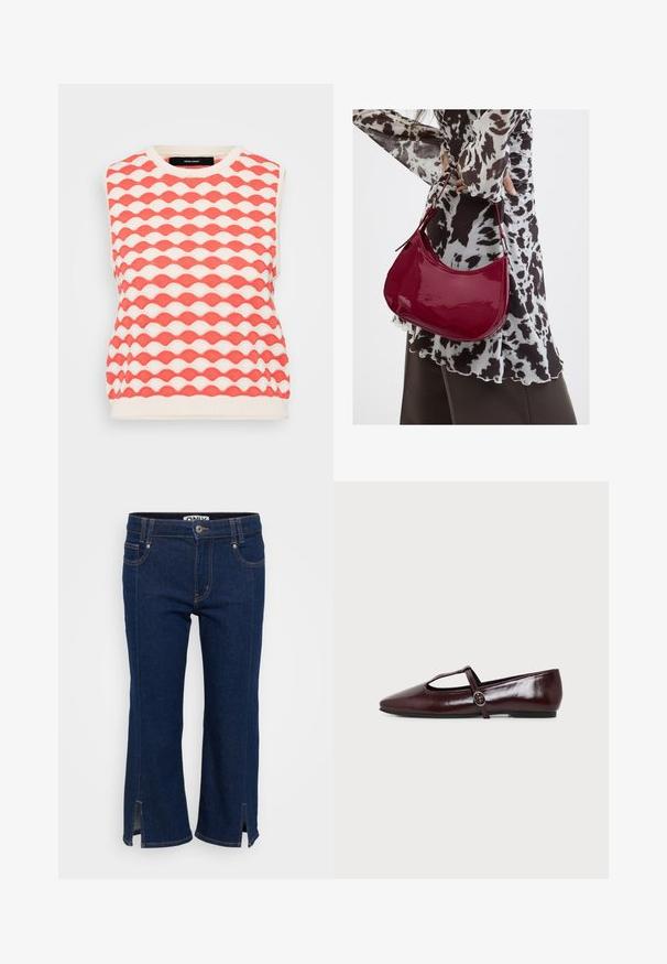 Gilet sans manches en tricot avec un motif en vagues en corail et crème. Le tissu a une finition texturée avec un col rond.; Jean en denim bleu foncé raccourci avec des fentes sur les côtés à l'ourlet, des coutures orange contrastantes et une fermeture à bouton à la taille.; Chaussure plate en cuir bordeaux foncé avec un bout pointu et une fine bride en T avec une boucle argentée sur fond blanc.; Femme portant un chemisier à motif noir et blanc tenant un sac à main rouge brillant sur un fond uni.