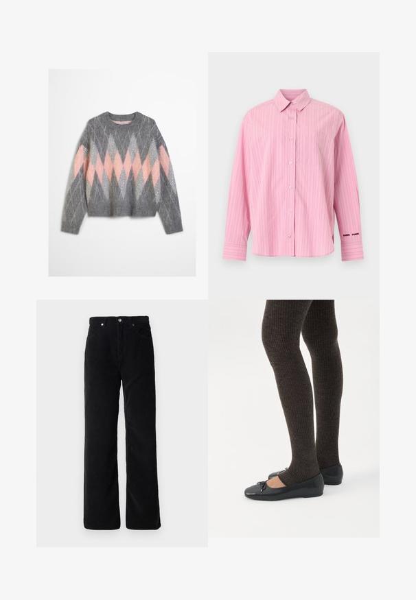 Pull en laine gris avec un motif en losanges rose et gris clair. Encolure arrondie et ourlet inférieur côtelé. Texture douce, manches longues.; Chemise rose à manches longues avec boutons, fines rayures verticales, col classique, poche poitrine et texte brodé près du poignet gauche.; Pantalons en velours côtelé noir avec une coupe droite, dotés de cinq poches, d'un bouton en métal à l'avant et d'une surface en tissu texturé.; Jambes portant des leggings côtelés foncés associés à des ballerines noires avec de petits détails en nœud sur fond blanc.