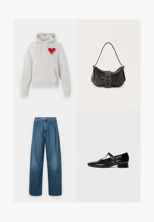 Haut à capuche gris clair avec poche avant, cordons de serrage, et graphique en forme de cœur rouge sur la poitrine avec le mot "FUTURE" à l'intérieur.; Jeans bleu à jambes larges en denim, avec une taille haute, une fermeture par boutons à l'avant, et un léger délavage sur le tissu.; Chaussures Mary Jane en cuir noir avec bout pointu, petit talon carré et bride ajustable avec une boucle argentée. Texture lisse et brillante.; Sac à épaule en cuir noir avec une sangle à boucle, des bords arrondis et des coutures blanches contrastées sur un fond uni.