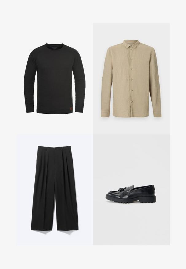 Sudadera negra de manga larga y cuello redondo hecha de una tela texturizada, con un pequeño parche marrón de la marca en la parte inferior derecha.; Camisa beige de manga larga con botones, cuello clásico y pestañas en las mangas para enrollarlas.; Pantalones negros de tiro ancho con pinzas delanteras, trabillas para cinturón y cierre de botón, exhibidos sobre un fondo liso y claro.; Mocasines de cuero negro con un acabado brillante, suela de goma gruesa y detalle decorativo de borlas en la parte delantera.