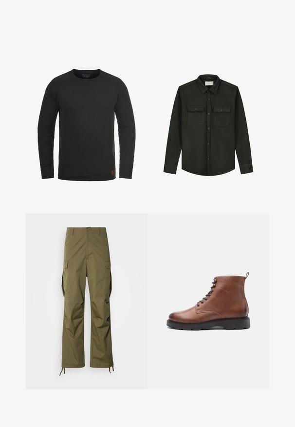 Sudadera negra de manga larga y cuello redondo hecha de una tela texturizada, con un pequeño parche marrón de la marca en la parte inferior derecha.; Camisa de franela verde oscuro con cuello clásico, mangas largas y dos bolsillos en el pecho, con botones negros y una tela suave y texturada.; Pantalones cargo verdes oliva fabricados con un tejido duradero, que presentan un diseño de pierna recta, bolsillos laterales y lazos ajustables en los tobillos.; Botas de cuero marrón hasta el tobillo con punta redondeada, cierre con cordones en la parte delantera y suela de goma negra. Presenta un asa en la parte trasera para facilitar su uso.