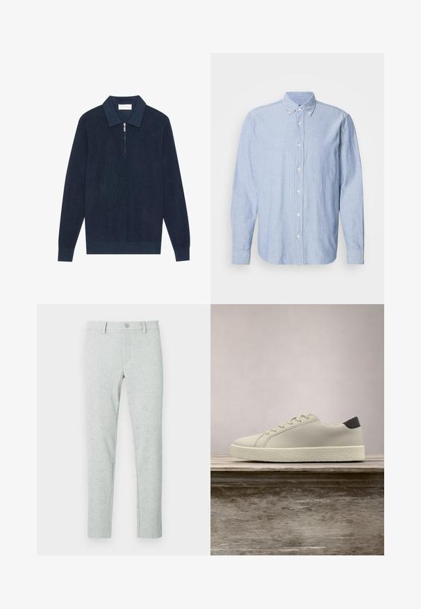 Mørk marineblå strikket langærmet polo shirt med ribbet tekstur og en kort sølv lynlås ved kraven.; Lys blå skjorte med hvide striber, som har en klassisk krave og lange ærmer. Fremstillet af vævet stof med en glat tekstur.; Lysegrå chinos med en glat tekstur, skræddersyet pasform, knaplukning og subtilt lodret ribbet mønster. Forlommer og bæltestropper medfølger.; Hvid sneaker med tekstureret sål og sort hældetalje, svævende over en træbænk med højt grønt græs i baggrunden.