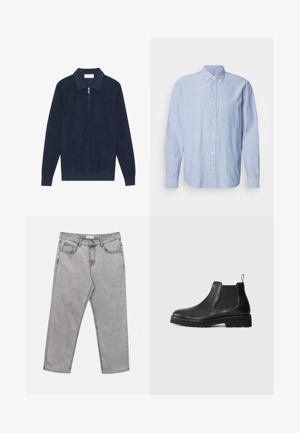 Mørk marineblå strikket langærmet polo shirt med ribbet tekstur og en kort sølv lynlås ved kraven.; Lys blå skjorte med hvide striber, som har en klassisk krave og lange ærmer. Fremstillet af vævet stof med en glat tekstur.; Lysegrå denimjeans med forreste knap og lynlås, bæltestropper og fem lommer, lagt fladt på en hvid baggrund.; Sorte læder chelsea-støvler med elastisk sideskæring, afrundet tå, tekstureret sål og lille hængsel ved hælen.