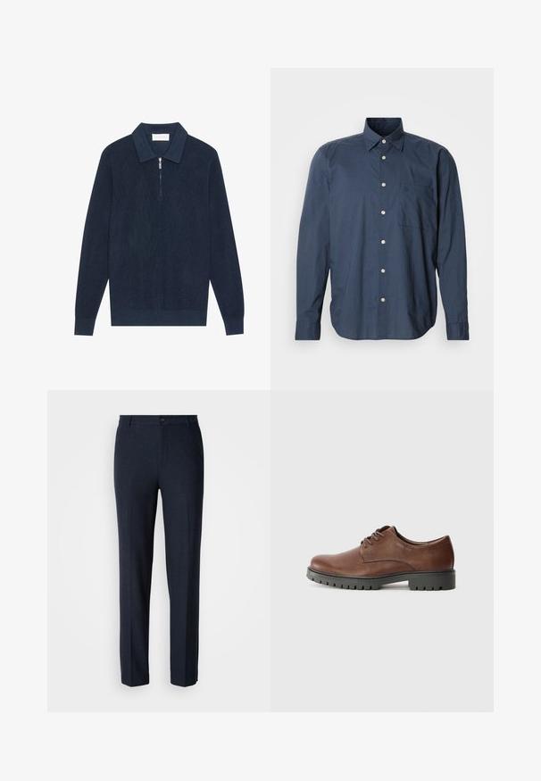 Polo en tricot bleu marine foncé à manches longues avec une texture côtelée et une courte fermeture éclair argentée au col.; Chemise bleu marine à manches longues, à motif à petits carreaux, avec une poche poitrine unique et des boutons blancs sur fond uni.; Pantalons bleu marine en tissu lisse. Dotés d'une coupe droite, avec une fermeture à un seul bouton et des poches standard.; Chaussure oxford en cuir marron avec une texture lisse, bout rond et semelle extérieure en caoutchouc noir avec un motif de semelle. Lacets fixés à l'avant.
