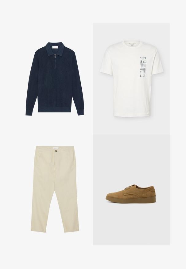 Mørk marineblå strikket langærmet polo shirt med ribbet tekstur og en kort sølv lynlås ved kraven.; Hvid T-shirt med korte ærmer, rund hals og sort abstrakt rektangulært motiv på venstre brystområde.; Beige bomuldsbukser med lige snit, frontlommer og enkelt knaplukning. Ankellængde med en glat tekstur.; Brun ruskindslærredsko med snørebånd og flad gummisål, set fra siden på en ensfarvet lys baggrund.