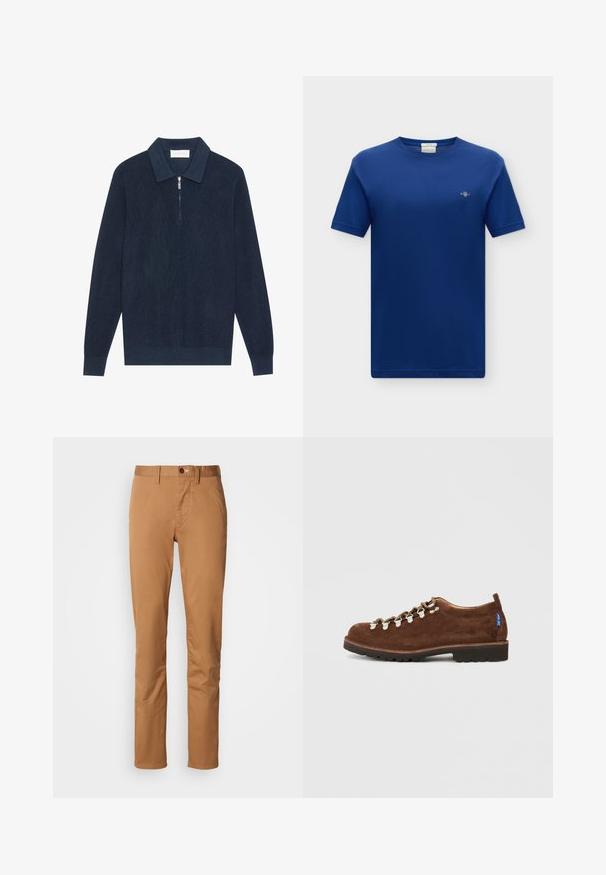 Mørk marineblå strikket langærmet polo shirt med ribbet tekstur og en kort sølv lynlås ved kraven.; Blå t-shirt med korte ærmer, med lille broderet logo på venstre bryst og rund hals.; Slim-fit khakibukser med knap- og lynlåslukning, bæltestropper og sidelommer mod en hvid baggrund.; Brune ruskindssko med en lav profil, der har metaløjer og hvide snørrebånd, forstærket tå og en struktureret sort gummisål.