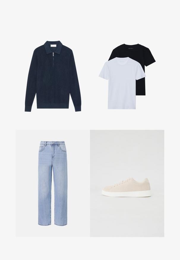 Polo en tricot bleu marine foncé à manches longues avec une texture côtelée et une courte fermeture éclair argentée au col.; Deux t-shirts à manches courtes et col rond, un noir et un blanc, fabriqués en coton doux avec une texture côtelée. Design à coupe classique.; Jean en denim bleu clair avec une coupe décontractée et des jambes larges. Les caractéristiques incluent cinq poches, une fermeture à bouton à l'avant et une décoloration subtile.; Baskets en daim beige avec semelles en caoutchouc blanc, bout rond et six œillets pour les lacets. Texture lisse avec un design minimaliste.