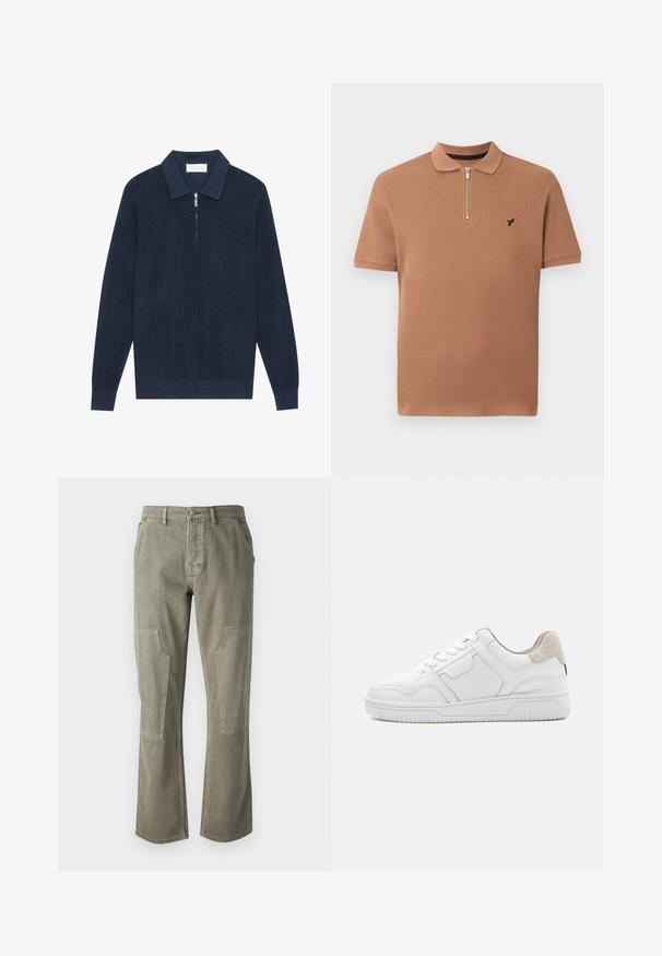Mørk marineblå strikket langærmet polo shirt med ribbet tekstur og en kort sølv lynlås ved kraven.; Brun strikket polo med korte ærmer, krave, frontlynlås og lille sort broderet logo på venstre bryst.; Olivenfarvede bukser lavet af bomuld med lige ben-design, der har ribbede detaljer på påsatte lommer og kontrasterende syninger.; Hvid lav-sko sneaker med snørebånd foran, struktureret sål, diskrete panelflader og beige ruskind hælflap på en ensartet lys baggrund.