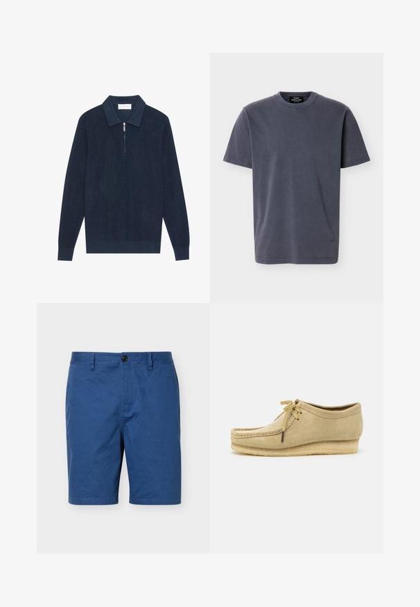 Mørk marineblå strikket langærmet polo shirt med ribbet tekstur og en kort sølv lynlås ved kraven.; Mørkegrå T-shirt med korte ærmer og rund hals, med en lille logo nær kanten, vist mod en ensfarvet hvid baggrund.; Blå afslappede shorts med bæltestropper, knaplukning foran og sidelommer, vist på en plain hvid baggrund.; Beige suedestøvle med snørebåndsdesign, syede detaljer og gummisål. Formen er afslappet med en let hæl.