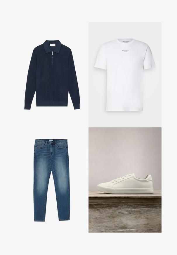 Mørk marineblå strikket langærmet polo shirt med ribbet tekstur og en kort sølv lynlås ved kraven.; Hvid kortærmet t-shirt lavet af bomuld med rund hals. Fås med "Marc O'Polo" logo i sort på brystet. Glat tekstur, minimalistisk design.; Denimjeans i midtblå med en falmet vask, fem-lomme design, lige ben pasform og broderede detaljer. Knap- og lynlåslukning.; Hvide snørresneakers svævende over en træbænk med grønne planter i baggrunden, der fremhæver skodesign og tekstur.