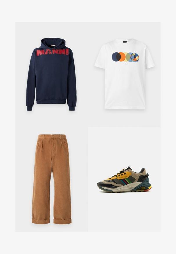Sweat à capuche bleu marine en coton, avec une impression en coup de pinceau rouge du mot "MARNI" sur la poitrine, coupe décontractée et poche kangourou.; T-shirt blanc à manches courtes avec un graphique de cinq cercles colorés qui se chevauchent, le dernier ressemblant à un ballon de football multicolore, et un petit texte en dessous.; Pantalons en velours côtelé marron avec une coupe évasée, dotés de plis à l'avant et de ourlets retroussés. Le tissu a un aspect texturé et côtelé.; Baskets multicolores à mélange de matériaux en daim et en mesh, avec un schéma de couleurs jaune et noir, des semelles texturées et des accents latéraux.