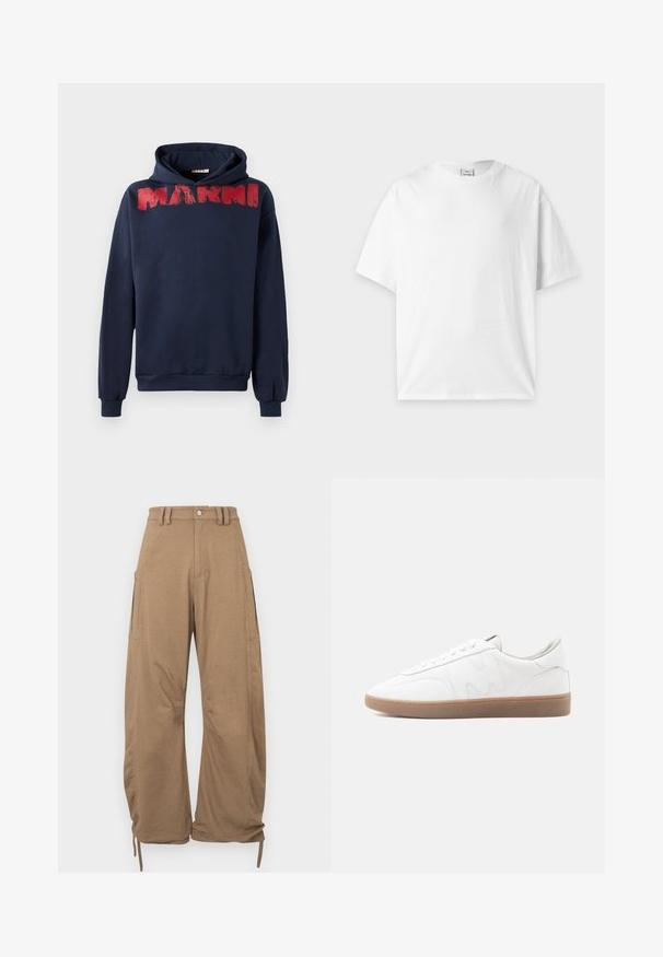Marineblaue Kapuzenjacke aus Baumwolle, mit einem roten Pinselstrich-Print des Wortes "MARNI" über der Brust, in einer lockeren Passform und mit Kängurutasche.; Schlichtes weißes T-Shirt mit kurzen Ärmeln und Rundhalsausschnitt, flach auf einem hellgrauen Hintergrund liegend.; Cargo-Hosen aus hellbraunem Stoff mit zwei Seitentaschen, lockerer Passform, Kordelzügen an den Säumen und Knopfverschluss in der Taille.; Weißer Sneaker in niedriger Ausführung mit Gummisohle, gesteppten Overlays und Schnürverschluss auf neutralem Hintergrund.
