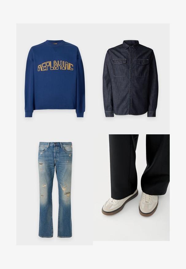 Navyblauer Rundhalsausschnitt-Pullover mit langen Ärmeln und gelbem, stilisiertem "REPLAYINC"-Text auf der Brust.; Replay Hemd - dark blue; Hellblaue Denim-Jeans mit einer lockeren Passform, die verwaschene Details und fransige Patches aufweisen, mit dem klassischen Fünf-Taschen-Design und einem Knopfverschluss.; Füße mit beigen Sneakers mit braunen Sohlen und schwarzen Hosen mit weitem Bein auf weißem Hintergrund.