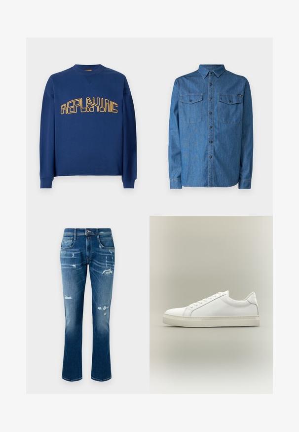 Marineblauwe crewneck sweatshirt met lange mouwen en geel gestileerde tekst "REPLAYINC" over de borst.; Denim shirt in medium blue, lange mouwen, knoopsluiting, met twee borstzakken en een kraag. Voorzien van een logo op de voorkant.; Blauwe spijkerbroek met een rechte pijp, beschadigde details, rafelige patches en een klassieke vijf-pocketstyling.; Witte lage sneaker met veters aan de voorkant en dikke zool, zijaanzicht tegen een neutrale achtergrond.
