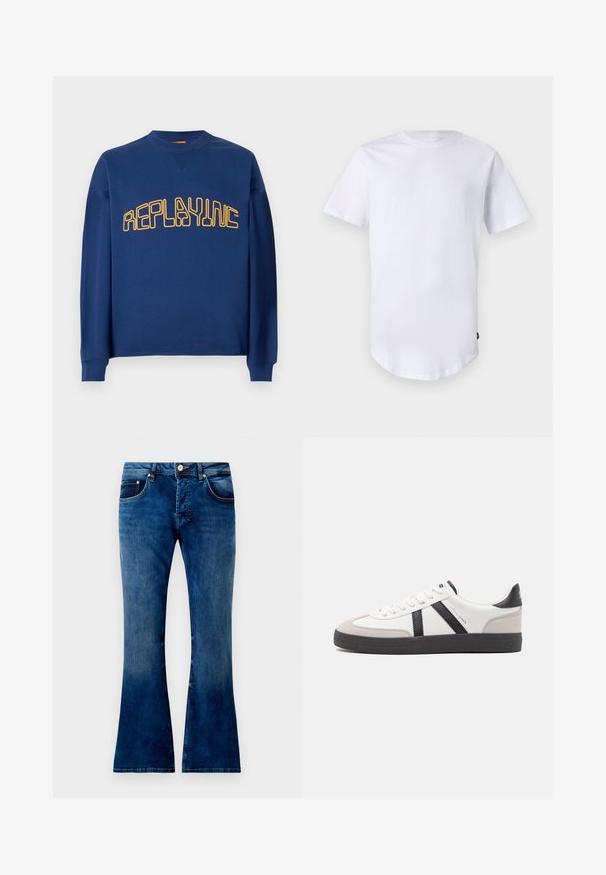 Marineblauwe crewneck sweatshirt met lange mouwen en geel gestileerde tekst "REPLAYINC" over de borst.; Witte katoenen t-shirt met korte mouwen. Rond de hals ontwerp met een gebogen zoom. Label zichtbaar aan de onderste linkerzijde. Gladde textuur.; Uitlopende blauwe spijkerbroek met een middelmatige wassing, voorzien van vijf zakken, een knoopsluiting en zichtbare stiksels. Fijne textuur met lichte vervaging.; Witte sneaker met zwarte en grijze accenten, voorzien van een grijze neus met textuur, zwarte rubberen zool en platte witte veters. Schoon ontwerp, minimalistische stijl.