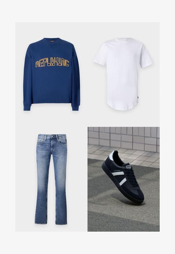 Marineblauwe crewneck sweatshirt met lange mouwen en geel gestileerde tekst "REPLAYINC" over de borst.; Witte katoenen t-shirt met korte mouwen. Rond de hals ontwerp met een gebogen zoom. Label zichtbaar aan de onderste linkerzijde. Gladde textuur.; Lichtblauwe denim jeans met een uitlopende pijpdesign, voorzien van vijf zakken, een knoopsluiting aan de voorkant en subtiele vervaging overal.; Zwarte leren sneaker met witte strepen, een gestructureerde rubberen zool en vetersluiting aan de voorkant. Voorzien van een merklabel op de tong.