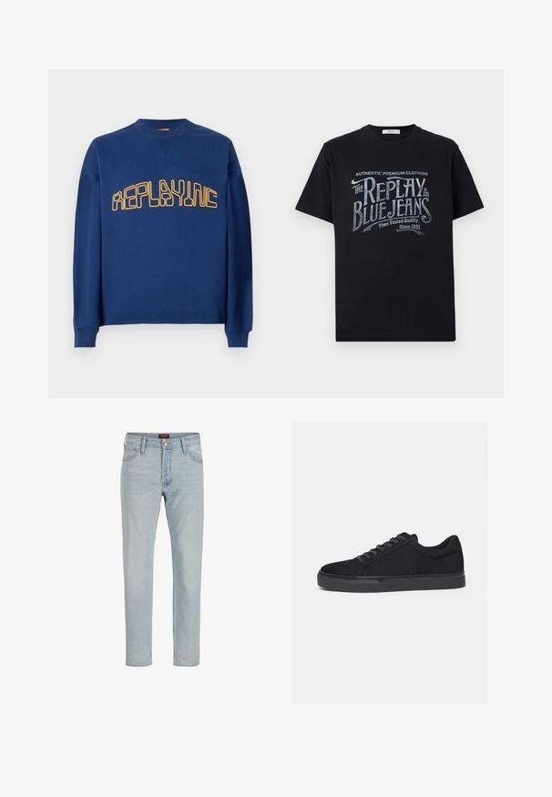 Navyblauer Rundhalsausschnitt-Pullover mit langen Ärmeln und gelbem, stilisiertem "REPLAYINC"-Text auf der Brust.; Schwarzes Baumwoll-T-Shirt mit kurzen Ärmeln und rundem Halsausschnitt, mit einem grafischen Textdesign im Vintage-Stil in Weiß und hellblau auf der Vorderseite.; Helle blaue Jeans aus Denim mit geradem Schnitt, Fünf-Taschen-Design, Knopfverschluss und leicht verwaschenem Muster.; Schwarzer Low-Top-Sneaker mit Schnürung vorne und flacher Gummisohle, seitlich auf weißem Hintergrund dargestellt.