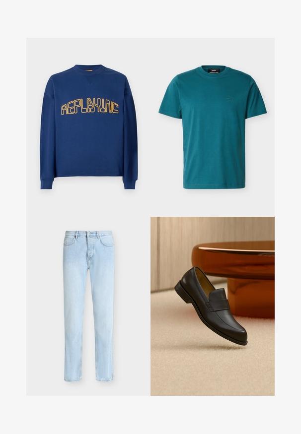 Mørkeblå crewneck sweatshirt med lange ærmer og gul stiliseret "REPLAYINC" tekst på brystet.; Tørklædeblå T-shirt med korte ærmer og rund hals, med lille broderet "Mads Nørgaard"-logo på venstre bryst.; Lyseblå jeans med lige ben, fem lommer, bæltestropper og lukning foran med knap og lynlås.; Sort læder loafers med lav hæl svævende over beige tæppe ved rundt brunt bord.