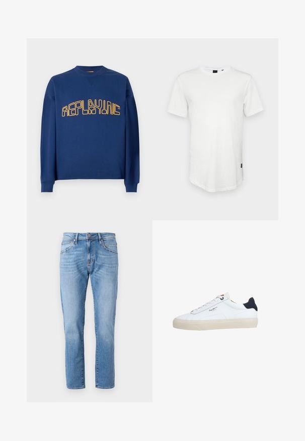 Marineblauwe crewneck sweatshirt met lange mouwen en geel gestileerde tekst "REPLAYINC" over de borst.; Witte t-shirt met korte mouwen, gemaakt van katoen, met een ronde halslijn en een iets verlengde achterkant, voorzien van een klein logo-accent aan de zijkant.; Lichtblauwe denim jeans met een recht model, klassieke vijf-pocketdesign, subtiele vervaging en een contrasterende knoopsluiting bij de taille.; Witte lage sneaker met een beige zool, witte veters, zwarte hielstrook en het logo "Pepe Jeans London" aan de zijkant.