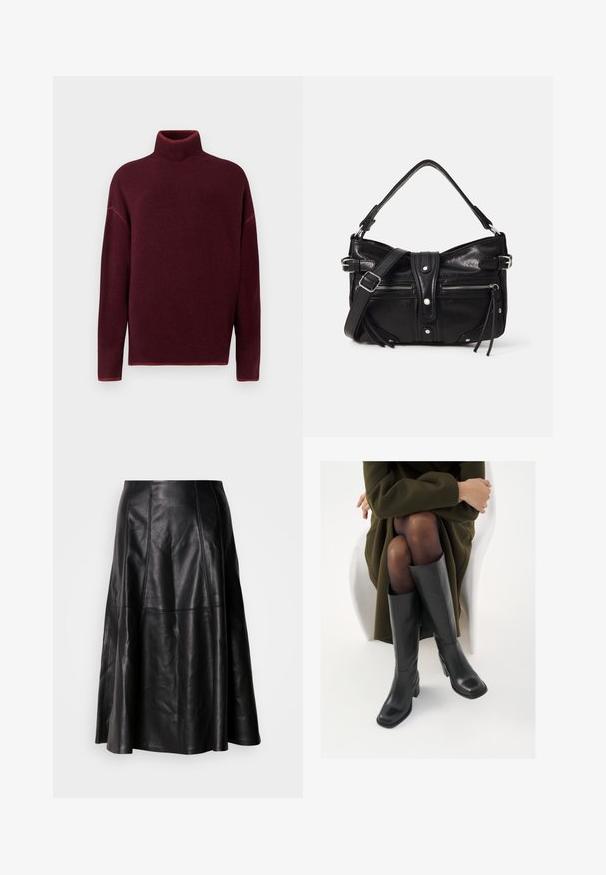 Burgunderrød rullekrave sweater med ribbet krave og manchetter, lavet af blødt materiale, med sænkede skuldre og en afslappet pasform.; Sort lædernederdel med en flagrende silhuet, der har synlige sømme og en glat tekstur. Mellemlang design med en klassisk snit.; Knæhøje sorte læder støvler med firkantet tå og blokhæl, vist med en model siddende i en olivengrøn frakke. Glat tekstur, minimal detaljer.; Even&Odd H24462 - Håndtasker - black