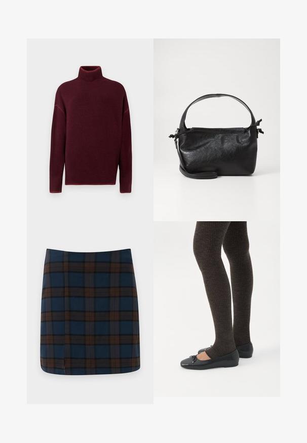Burgunderrød rullekrave sweater med ribbet krave og manchetter, lavet af blødt materiale, med sænkede skuldre og en afslappet pasform.; Marineblåternet mini nederdel med brune og grå striber, lavet af et glat stof, med en diskret slids bagpå for let bevægelse.; Ben iført mørke ribbede leggings kombineret med sorte balletsko med små sløjfedetaljer på hvid baggrund.; Sort læderhåndtaske med et struktureret design, rund tophåndtag og aftagelig skulderrem. Den har en glat tekstur og en subtil glans.