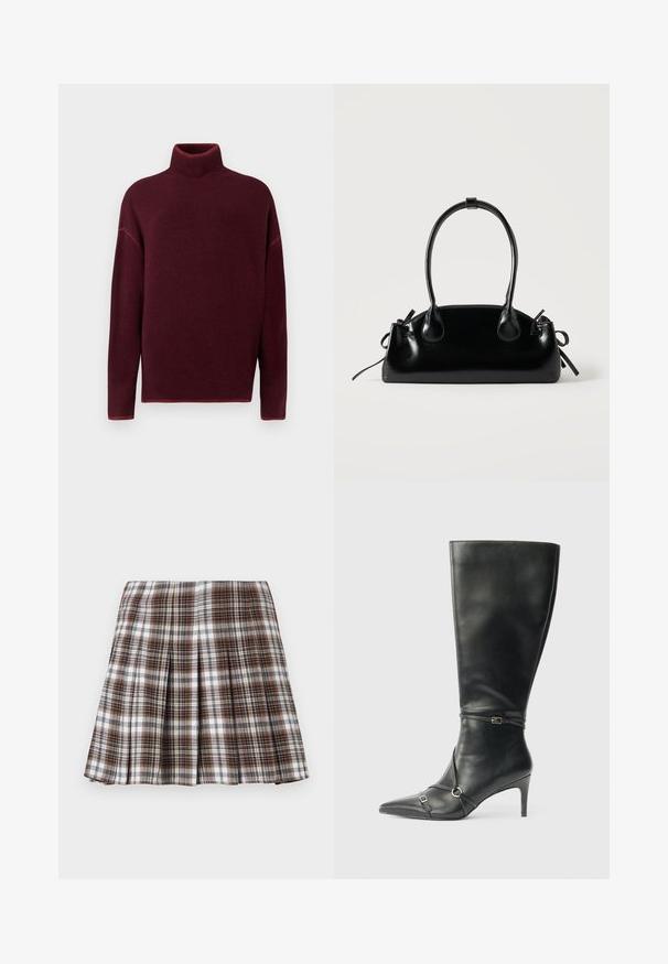 Burgunderrød rullekrave sweater med ribbet krave og manchetter, lavet af blødt materiale, med sænkede skuldre og en afslappet pasform.; Brun og hvid ternet plisseret nederdel med en struktureret design og sprød tekstur, der har høj talje og flere lodrette folder.; Sorte knæhøje støvler i læder med en slank hæl, spids tå og remdetaljer ved anklen. Glat tekstur og tætsiddende design.; Lille sort blank håndtaske med to lange håndtag og snøre-detaljer i siden på en ensfarvet lys baggrund.