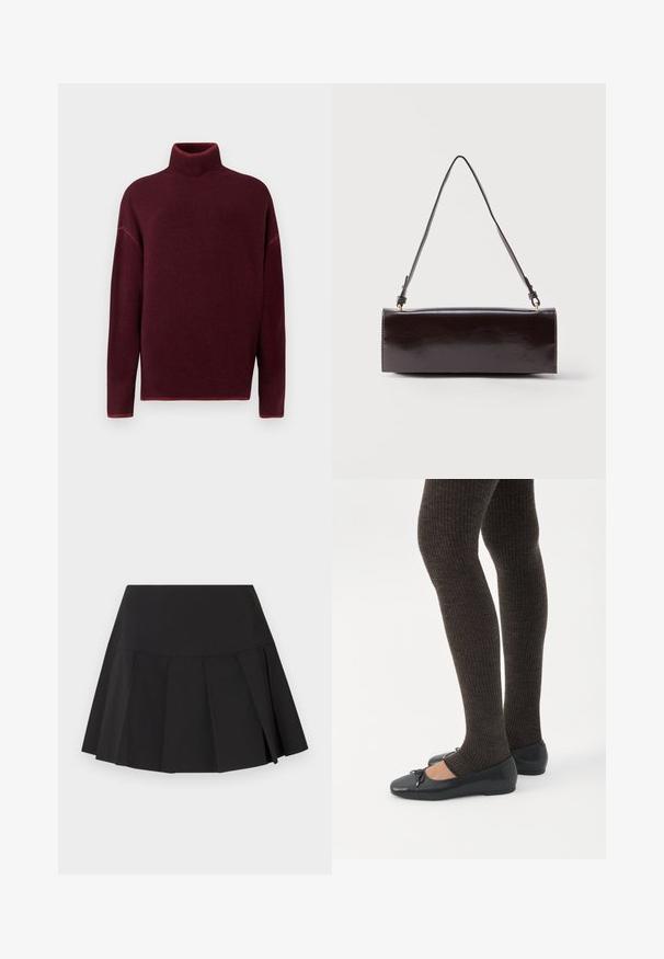 Burgunderrød rullekrave sweater med ribbet krave og manchetter, lavet af blødt materiale, med sænkede skuldre og en afslappet pasform.; Sort plisseret mininederdel med bred talje, jævnt fordelt lodrette plisseringer og en let udvidet kant.; Ben iført mørke ribbede leggings kombineret med sorte balletsko med små sløjfedetaljer på hvid baggrund.; Rektangulær sort læderhåndtaske med en enkelt lang rem og blank finish, vist mod en ensfarvet hvid baggrund.