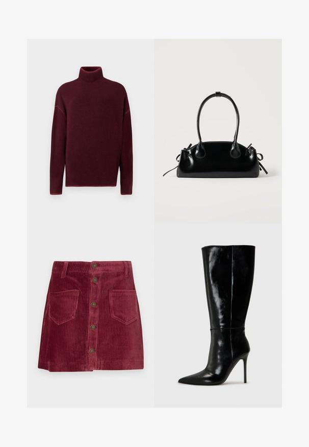 Burgunderrød rullekrave sweater med ribbet krave og manchetter, lavet af blødt materiale, med sænkede skuldre og en afslappet pasform.; Lys rød corduroy mini nederdel med frontlukning med knapper, to frontlommer og bæltestropper.; Sorte læderknælange støvler med spids tå og høj stilettohæl. Glat tekstur og slank design, med minimalt detaljer.; Lille sort blank håndtaske med to lange håndtag og snøre-detaljer i siden på en ensfarvet lys baggrund.