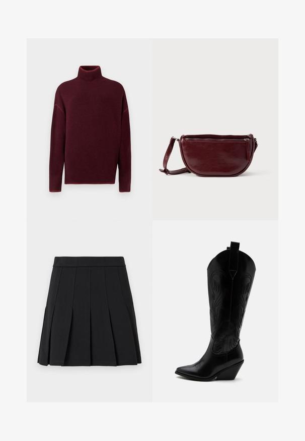 Burgunderrød rullekrave sweater med ribbet krave og manchetter, lavet af blødt materiale, med sænkede skuldre og en afslappet pasform.; Sort plisseret nederdel lavet af et glat materiale. Har en bred linning og flere knivfolder, der går lodret.; Sort læder cowboystøvle med spidst tåparti, skråt blokhælhæl, dekorative sømme og trækstropper øverst mod hvid baggrund.; Vinrød læderhåndtaske med halvmåneform, lynlås og aftagelig rem. Glat tekstur med en subtil glans.
