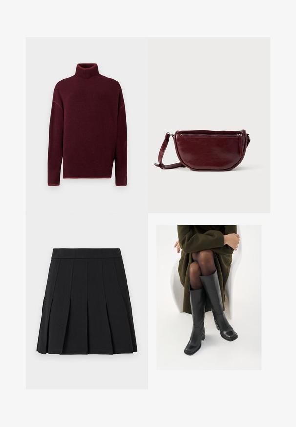 Burgunderrød rullekrave sweater med ribbet krave og manchetter, lavet af blødt materiale, med sænkede skuldre og en afslappet pasform.; Sort plisseret nederdel lavet af et glat materiale. Har en bred linning og flere knivfolder, der går lodret.; Knæhøje sorte læder støvler med firkantet tå og blokhæl, vist med en model siddende i en olivengrøn frakke. Glat tekstur, minimal detaljer.; Vinrød læderhåndtaske med halvmåneform, lynlås og aftagelig rem. Glat tekstur med en subtil glans.