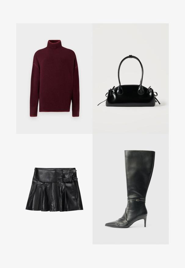 Pullove turtleneck bordeaux avec col et poignets côtelés, en texture douce, présentant des épaules tombantes et une coupe décontractée.; Jupe en cuir noir avec des plis, taille large et deux accents à boucle sur le côté. Texture lisse avec une finition brillante.; Bottes noires en cuir montant jusqu'au genou, avec un talon fin, un bout pointu et des détails de lanière à la cheville. Texture lisse et design ajusté.; Petit sac à main noir brillant avec deux longues anses et des détails à cordon sur les côtés sur un fond clair uni.
