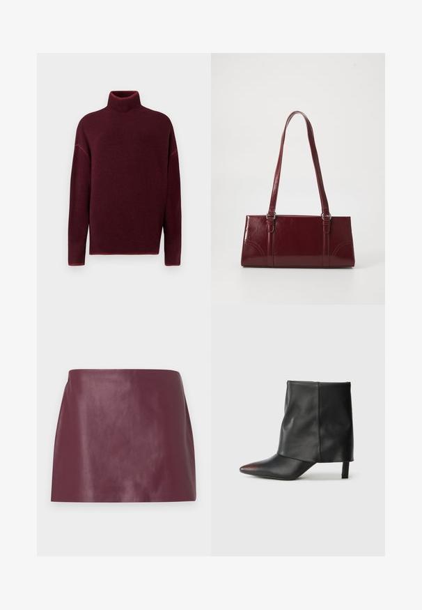 Burgunderrød rullekrave sweater med ribbet krave og manchetter, lavet af blødt materiale, med sænkede skuldre og en afslappet pasform.; Miniskirt i glat burgunderlæder med lige snit og uden synlige dekorationer eller lukninger.; Sort ankelstøvle lavet af glat læder med spids tå og tilspidset hæl. Overdelen har et let rynket design.; Bordeaux håndtaske lavet af glansfuldt materiale, rektangulær form, med to skulderremme og subtile buede detaljer på forsiden.