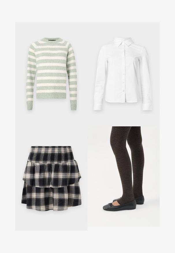 Pull rayé en vert doux et blanc. Tissu tricoté avec un col rond et des poignets côtelés. Coupe décontractée. Rayures horizontales régulièrement espacées.; Chemise blanche à manches longues avec boutons, col pointu, ourlet droit et silhouette ajustée, présentée sur un fond clair uni.; Jupe à volants à carreaux noir et blanc avec taille smockée. Avec des couches froncées et une texture douce en coton.; Jambes portant des leggings côtelés foncés associés à des ballerines noires avec de petits détails en nœud sur fond blanc.