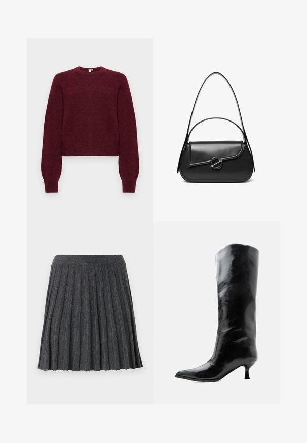 Burgunderfarvet uldblandet crewneck-trøje med lange ærmer samt ribkanter ved ærmerne og nederst.; Vero Moda Knitted VMMARINA Short - Mini skirts - dark grey; Sort skinnende knæhøj læderstøvle med spids tå og lav buet hæl på en ensfarvet lys baggrund.; Sort skuldertaske i læder med en buet klap, der er fastgjort med en rund metal spænde, og en slank, justerbar rem.