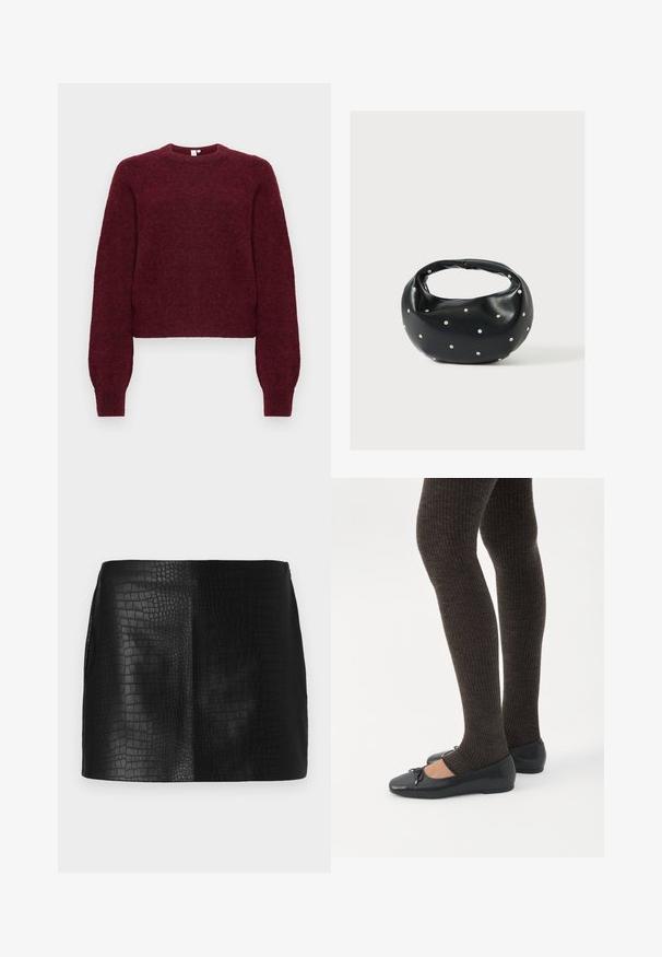 Pull en mélange de laine bourgogne, à col rond, avec des manches longues et des poignets et ourlet côtelés.; Mini jupe en simili cuir noir avec un motif crocodile texturé, présentant une finition lisse et une coupe ajustée sans accessoires visibles.; Jambes portant des leggings côtelés foncés associés à des ballerines noires avec de petits détails en nœud sur fond blanc.; Sac à main en cuir noir de forme arrondie, décoré de clous argentés et équipé d'une poignée courte. Texture lisse et fermeture éclair.