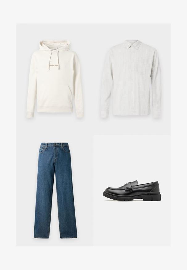 Sudadera beige de algodón, con un bolsillo canguro, capucha con cordones y texto bordado "Originals" en el pecho.; Camisa de manga larga con botones en gris claro, con un patrón de cuadros texturizado, un bolsillo en la parte delantera y un cuello clásico. Confeccionada en tejido de sarga.; Jeans de mezclilla de color azul oscuro con un corte relajado, piernas rectas, cinco bolsillos y costuras en contraste. Presentan un cierre frontal con botón y cremallera.; Mocasin de cuero negro con una cinta ancha en el empeine, suela de goma con tacos gruesos y textura suave. Diseño clásico y elegante.
