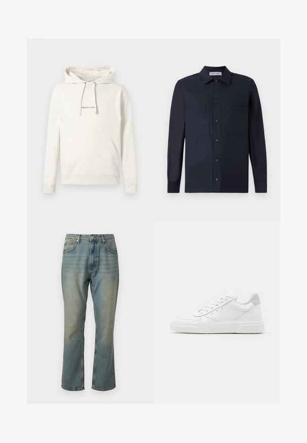 Beige hoodie gemaakt van katoen, met een kangoeroezak, een capuchon met trekkoord en geborduurde "Originals" tekst op de borst.; Samsøe Samsøe TAKA JO OVERSHIRT - Overhemd - dark blue; Vervaagde blauwe denim jeans met een rechte pijp, vijf zakken en een knoopsluiting. Heeft subtiele details met een lichtere wassing.; Witte leren sneakers met een gladde afwerking, ronde neus, platte veters en een gestructureerde zool. Grijze suède accent bij de hiel.