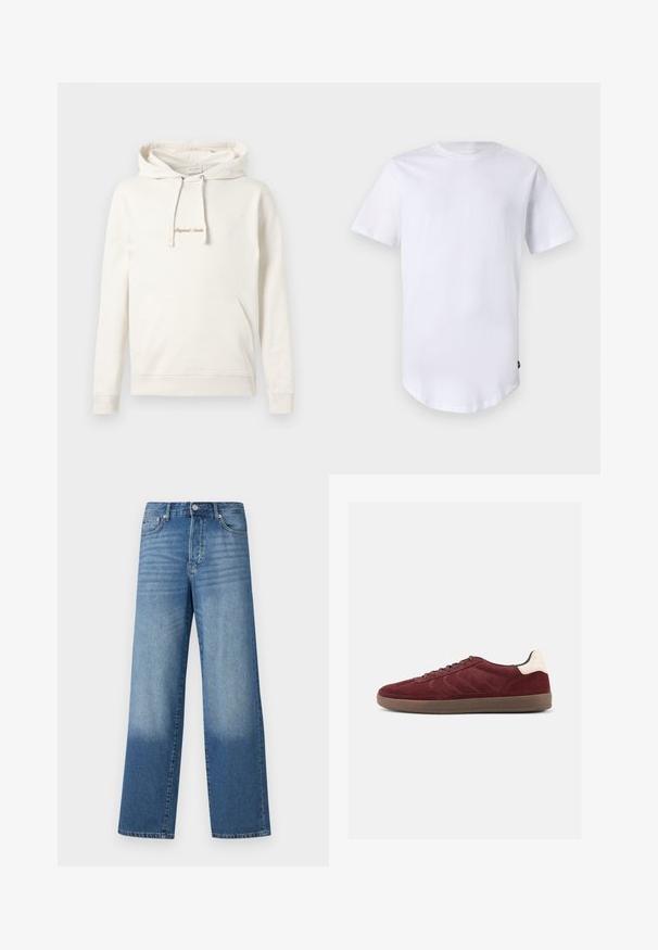 Beige hoodie lavet af bomuld, med en kængurulomme, snoretræk i hætten og broderet "Originals" tekst på brystet.; Hvid kortærmet t-shirt lavet af bomuld. Rund halsudskæring med en buet kant. Etiket synlig på nederste venstre side. Glat tekstur.; Blå højtaljede strækte jeans med falmede områder på lårerne og mørkere skygger nær kanten, synlig frontknap og lommer.; Bordeaux ruskindsneaker med snørelukning foran, tekstureret sideudformning og lysfarvet hælaccents. Gummisål med glat finish.