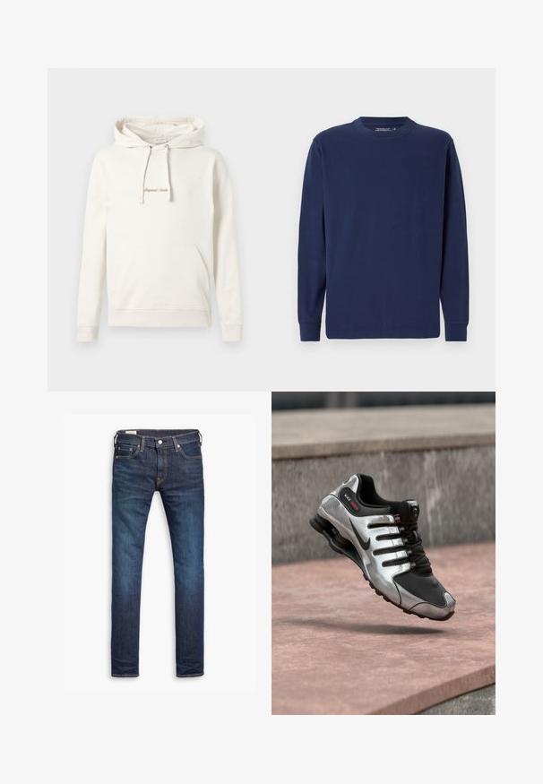 Beige hoodie lavet af bomuld, med en kængurulomme, snoretræk i hætten og broderet "Originals" tekst på brystet.; Langærmet navyblå t-shirt lavet af bomuld, med rund halsudskæring, lige kant og ribbede manchetter. Simpelt, ensfarvet design.; Mørkeblå denim jeans med lige ben, fem lommer, kontrastsying og en frontknaplukning.; Sølv- og sort Nike Shox sneaker, svævende i luften over en betonoverflade, der fremhæver dens fjedrende såldesign.