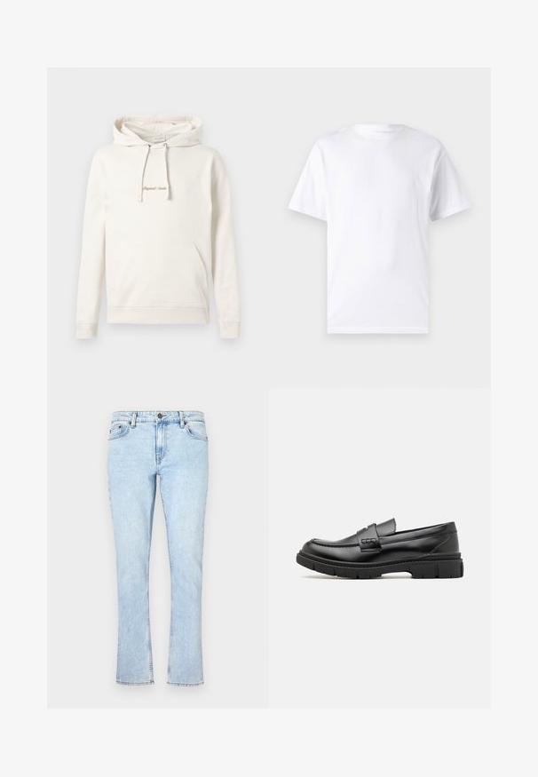 Beige hoodie lavet af bomuld, med en kængurulomme, snoretræk i hætten og broderet "Originals" tekst på brystet.; Hvid kortærmet t-shirt lavet af bomuld med rund hals, der har en glat tekstur og et simpelt design uden mønstre eller accenter.; Lysblå denimjeans med lige ben, der har en knaplukning, fem lommer og diskret falmning for tekstur.; Sort læder loafersko med en bred rem over forfoden, gummisål med tykke mønstre og glat overflade. Klassisk, slankt design.