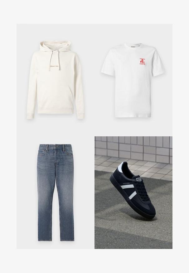Hoodie beige en coton, avec une poche kangourou, un capuchon à cordon de serrage et un texte brodé "Originals" sur la poitrine.; T-shirt en coton blanc avec une impression graphique rouge sur la poitrine gauche, représentant un boxeur avec le texte "CHAMPION DE SHANGHAI". Manches courtes.; Jean en denim bleu foncé, design à jambe droite, avec un délavage altéré, cinq poches et des accessoires en ton cuivre. Look épuré et classique.; Sneaker en cuir noir avec des rayures blanches, semelle en caoutchouc texturée et devant à lacets. Présente une étiquette de marque sur la languette.