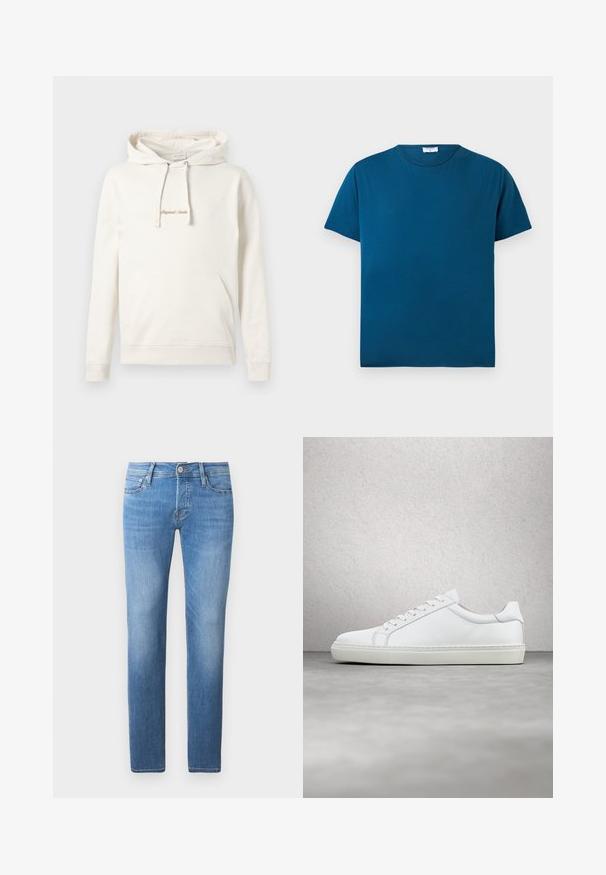 Beige hoodie gemaakt van katoen, met een kangoeroezak, een capuchon met trekkoord en geborduurde "Originals" tekst op de borst.; Blauw T-shirt met korte mouwen en een ronde hals, met een effen ontwerp, plat gelegd op een witte achtergrond.; Lichtblauwe denim jeans met een rechte pijp, voorzien van een knoop- en ritsluiting, vijf zakken en subtiele vervaging.; Witte sneaker met een gladlederen bovenwerk en een laag profiel. Voorzien van een ronde neus, zes vetergaatjes en een gestructureerde rubberen zool.