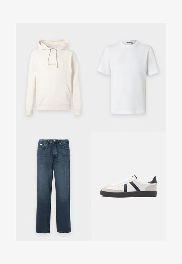 Beige hoodie gemaakt van katoen, met een kangoeroezak, een capuchon met trekkoord en geborduurde "Originals" tekst op de borst.; Wit T-shirt met korte mouwen, wafelstructuur en ronde hals, met een klein merkembleem aan de binnenkant van de kraag, afgebeeld op een effen achtergrond.; Donkerblauwe denim jeans met een rechte pasvorm, vijf zakken, riemlussen en een ritsgulp. Glad textuur met subtiele vervagingdetails.; Witte sneaker met zwarte en grijze accenten, voorzien van een grijze neus met textuur, zwarte rubberen zool en platte witte veters. Schoon ontwerp, minimalistische stijl.