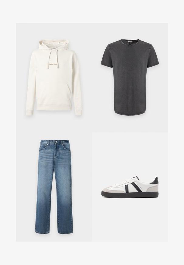 Sudadera beige de algodón, con un bolsillo canguro, capucha con cordones y texto bordado "Originals" en el pecho.; Camiseta gris de manga corta con cuello redondo, hecha de una tela suave, con un dobladillo ligeramente curvado y detalles de costura visibles.; Jeans de mezclilla azul con corte recto, que presentan un lavado desgastado, pasadores para cinturón, cinco bolsillos y un cierre clásico de botón.; Zapatilla blanca con acentos en negro y gris, que presenta una puntera texturizada en gris, suela de goma negra y cordones planos blancos. Diseño limpio, estilo minimalista.