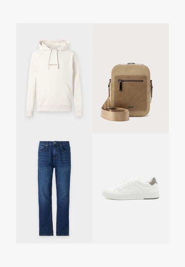 Beige hoodie lavet af bomuld, med en kængurulomme, snoretræk i hætten og broderet "Originals" tekst på brystet.; Pier One by Zalando Loose-jeans - dark blue denim; Hvid sneaker lavet af glat læder, rund tå, minimalistisk design, grå hælafsats og tekstureret gummisål.; Lille beige crossbody-taske med lynlåslomme foran, metal ALDO-logo, justerbar bred rem og rundet rektangulær form på hvid baggrund.